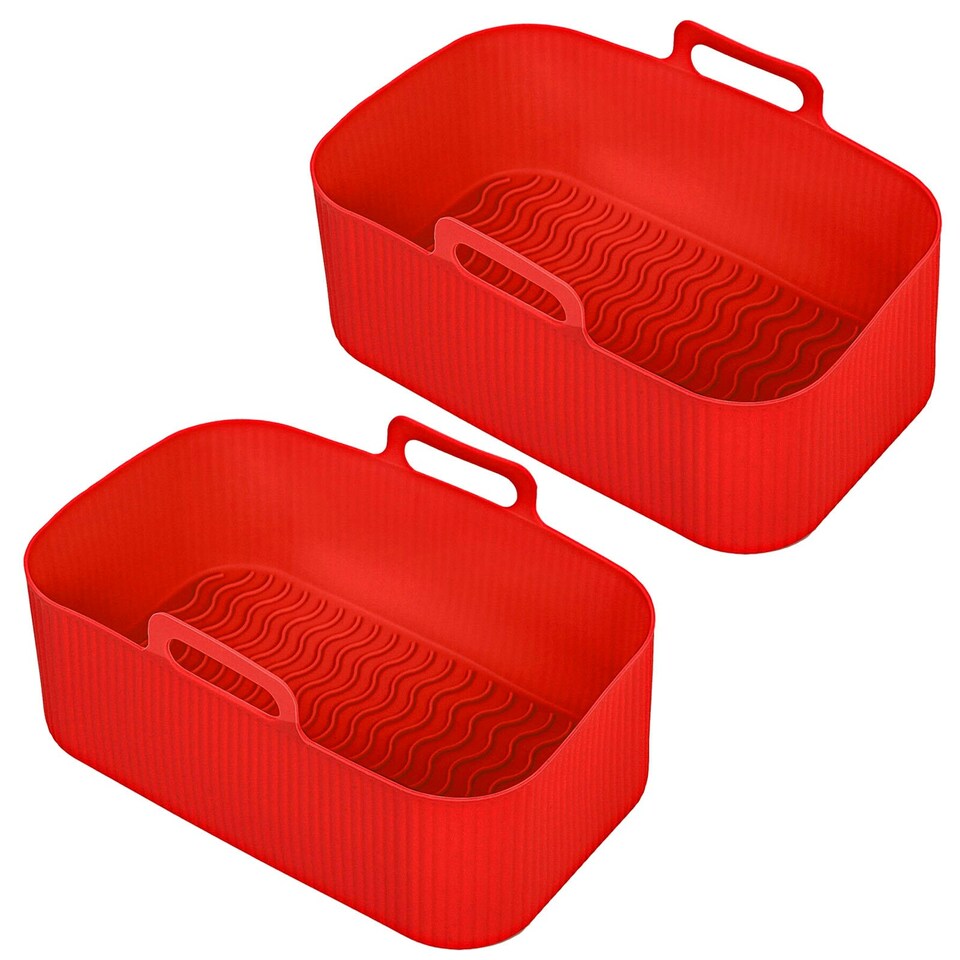 image 1 of SPARES2GO Rectangular Non-Stick Silicone Basket Drawer Liners for Air Fryer (Pack of 2, Red)