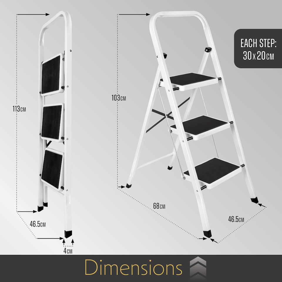 image 1 of Futura 3 Step Ladder White, Heavy-Duty Steel Folding Home DIY Step Stool with Wide Non-Slip Steps & Anti Slip Feet 150kg Capacity