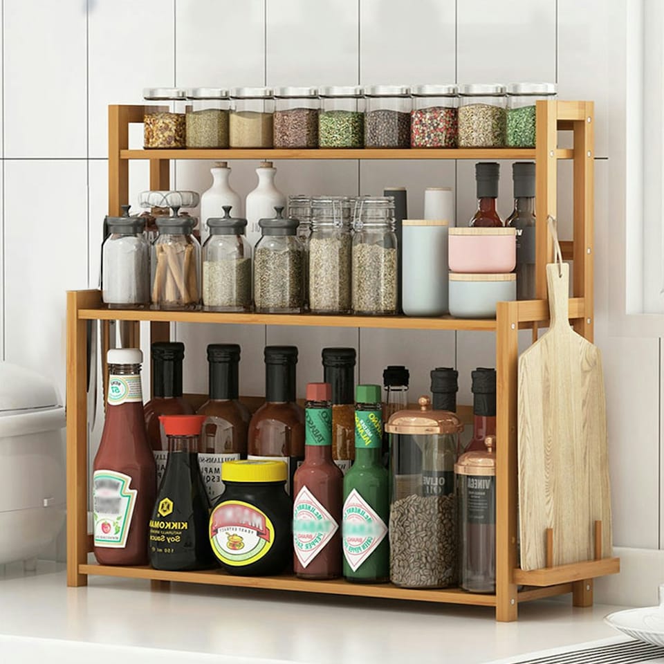 image 1 of Living and Home 3-Tier Freestanding Bamboo Spice Rack Storage Organizer with Knife Holder for Kitchen