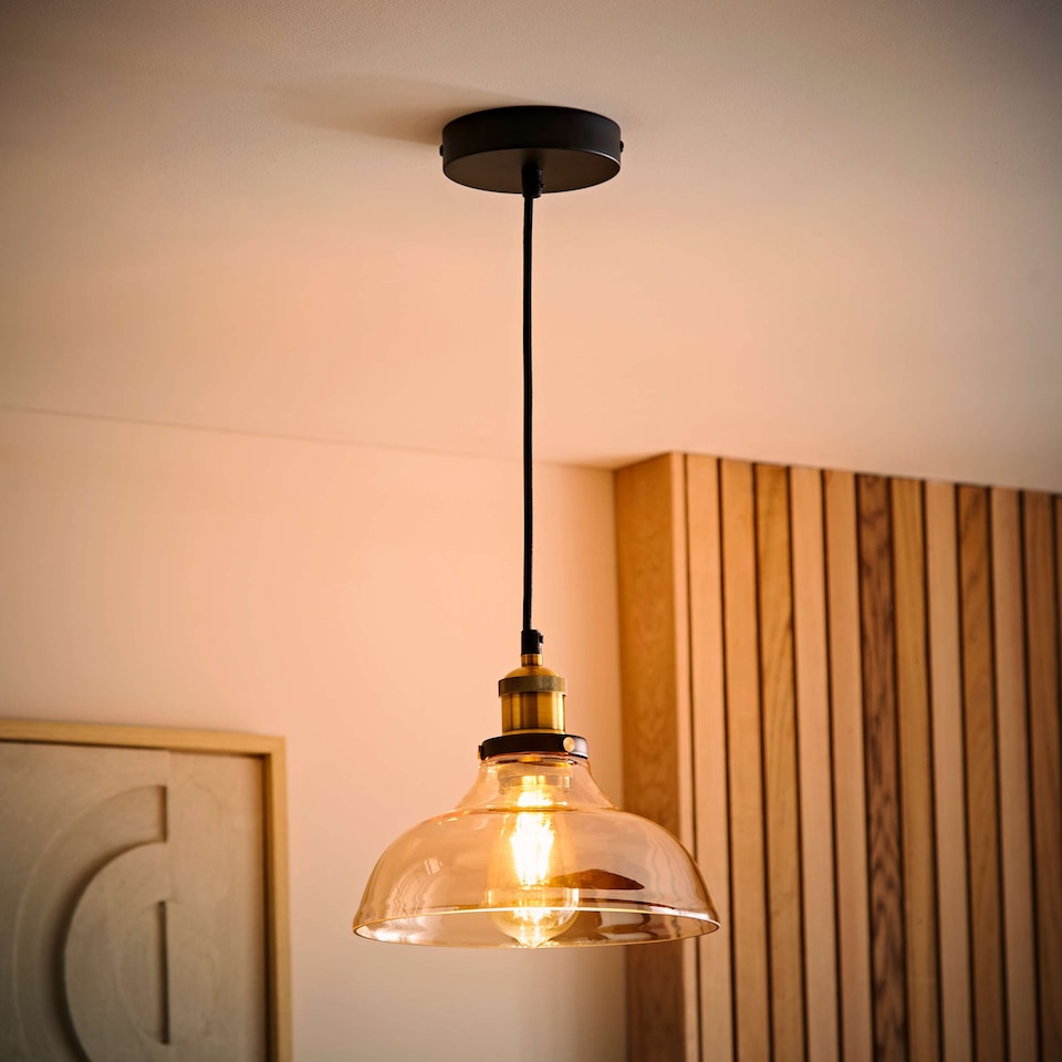 image 1 of ValueLights Industrial Black And Gold Amber Glass Pendant Ceiling Light | Orange