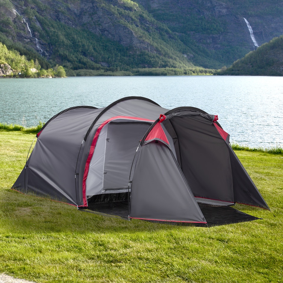 image 1 of Outsunny 3 Man Camping Tent with 2 Rooms Porch Vents Rainfly Weather-Resistant