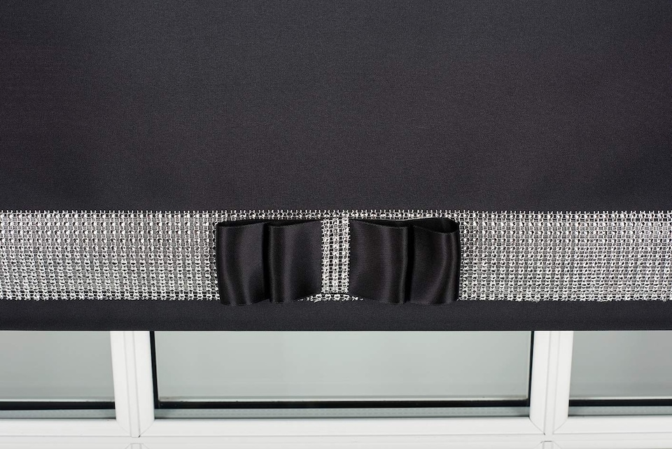 image 1 of FURNISHED Blackout Roller Blinds with Diamante Trim and Bow Cut to Size | Black | Black | (W) 120cm x (L) 210cm