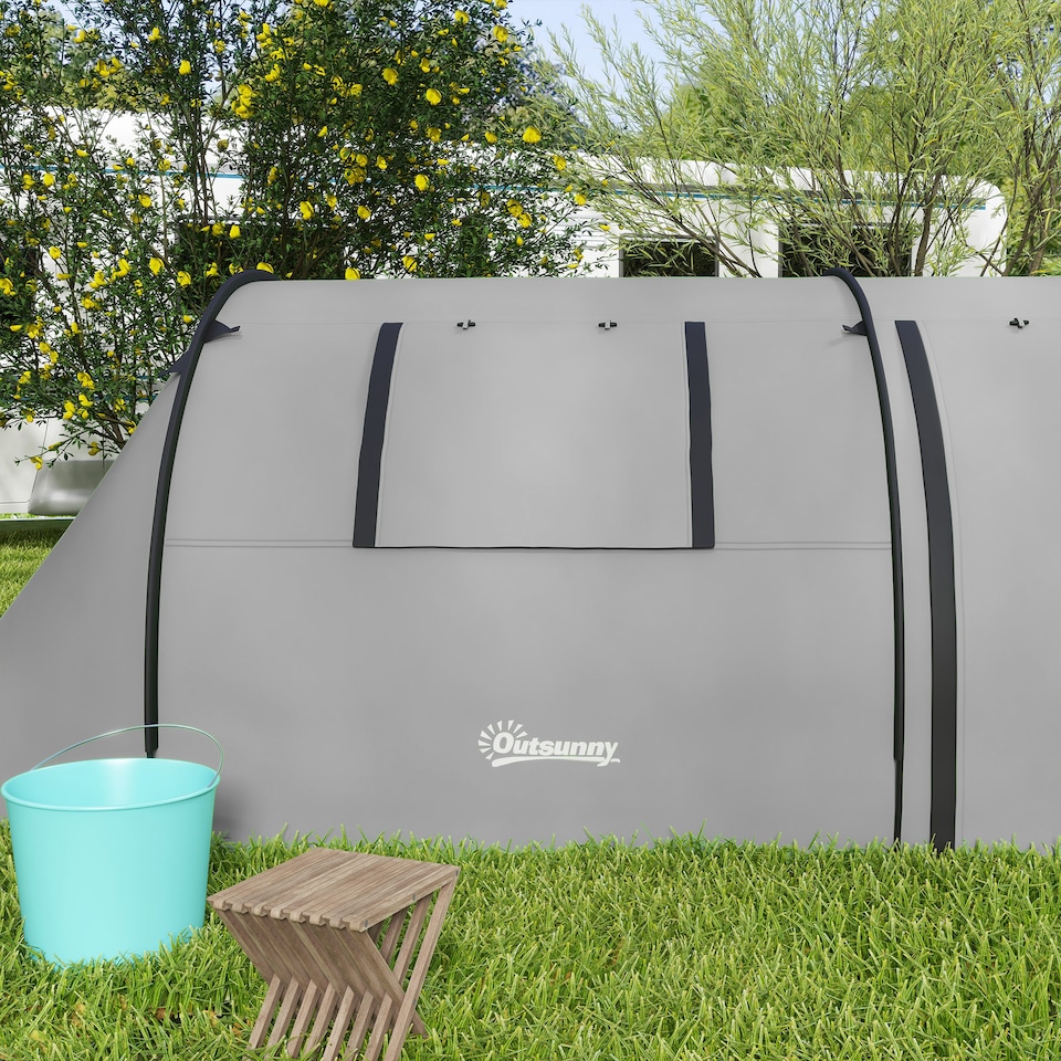image 1 of Outsunny 3-4 Man Camping Tent, Large Family Tunnel Tent with Bedroom and Living Room, 3000mm Waterproof, Portable with Bag, for Fishing Hiking Festival, Grey | Grey | Grey