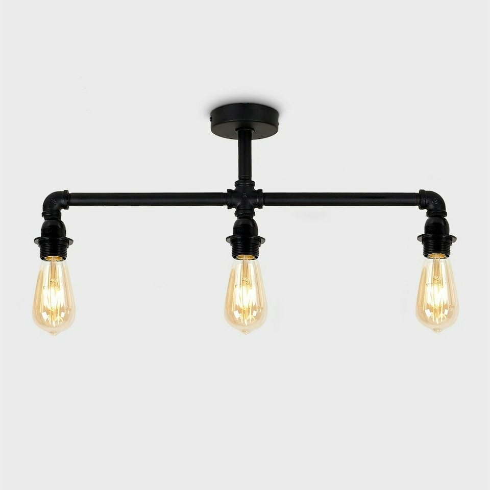 image 1 of ValueLights Industrial Satin Black 3 Way Bar Pipework Ceiling Light | Black