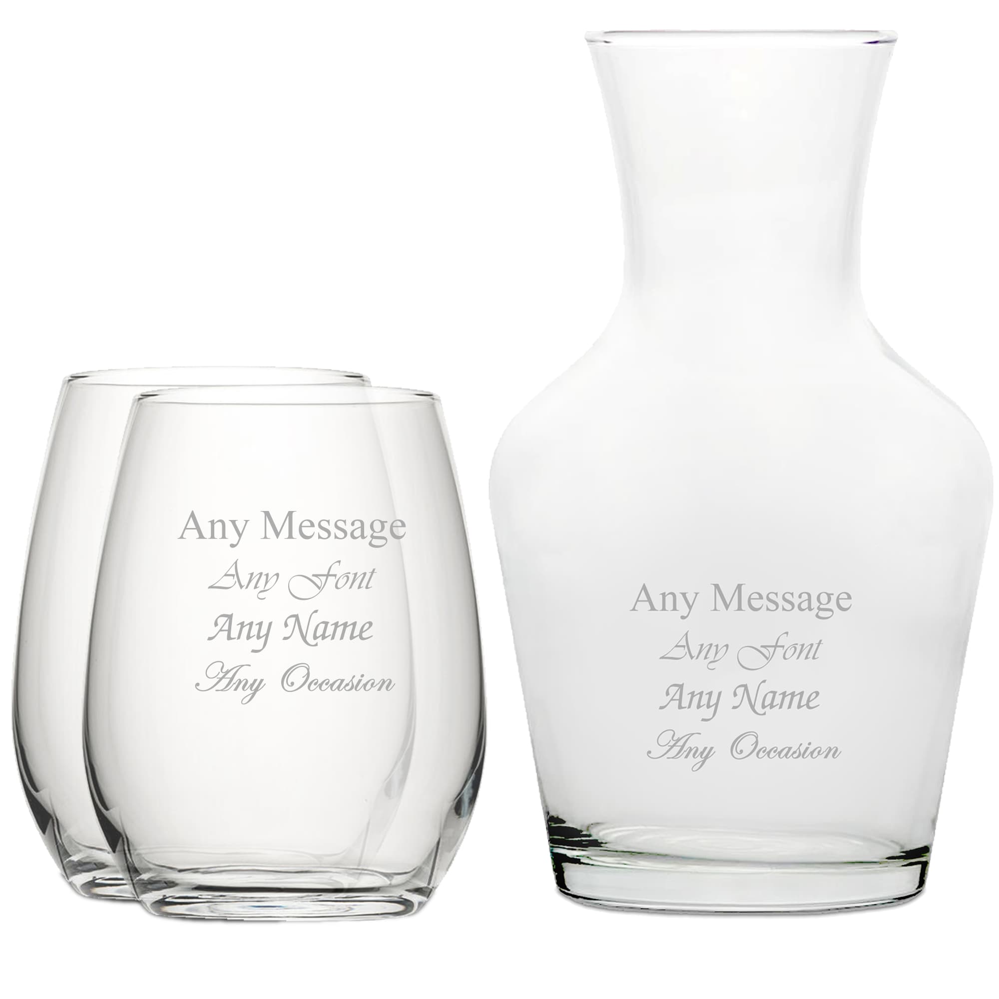 Uniqueful Personalised Set of 2 Stemless Wine Glasses & 1 Litre Vin Carafe in Clear