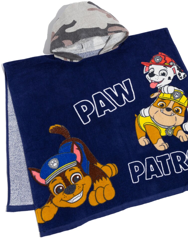 image 1 of Paw Patrol Towelling Poncho Boys | Kids Navy Grey Camo Marshall Rubble Chase Rescue Pups Bath Beach Towel | Hooded Cotton Robe One Size