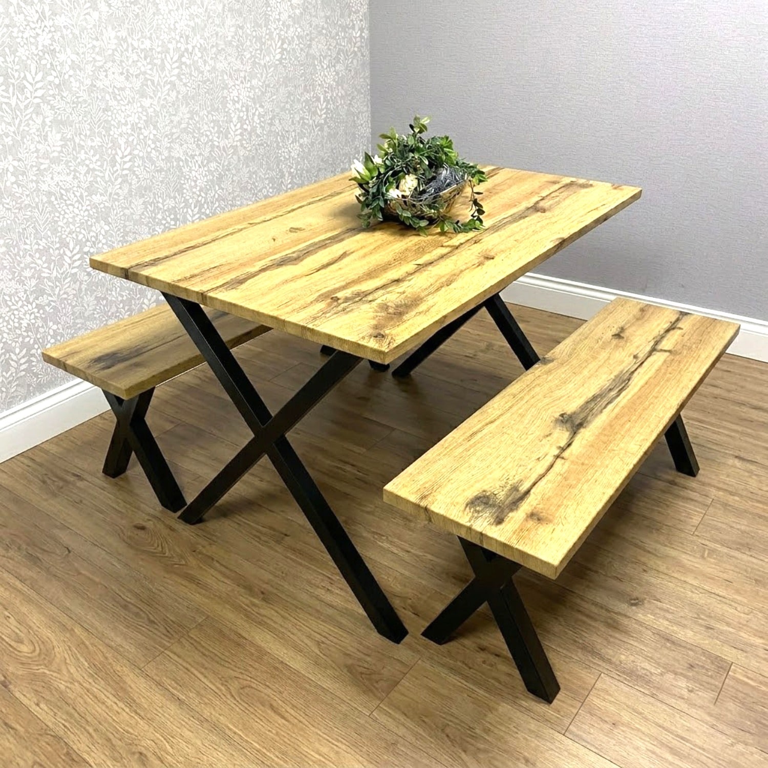 Dining Table and 2 Benches Set Brown Wooden With Metal Legs for Dining Room