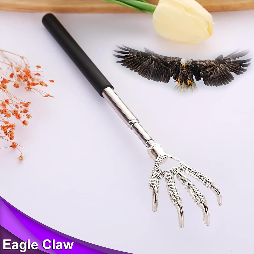 image 1 of Extendable Back Scratcher Black Telescopic Eagle Claw Metal Massager Hand with Long Reach Handle for Itch Relief and Body Massage