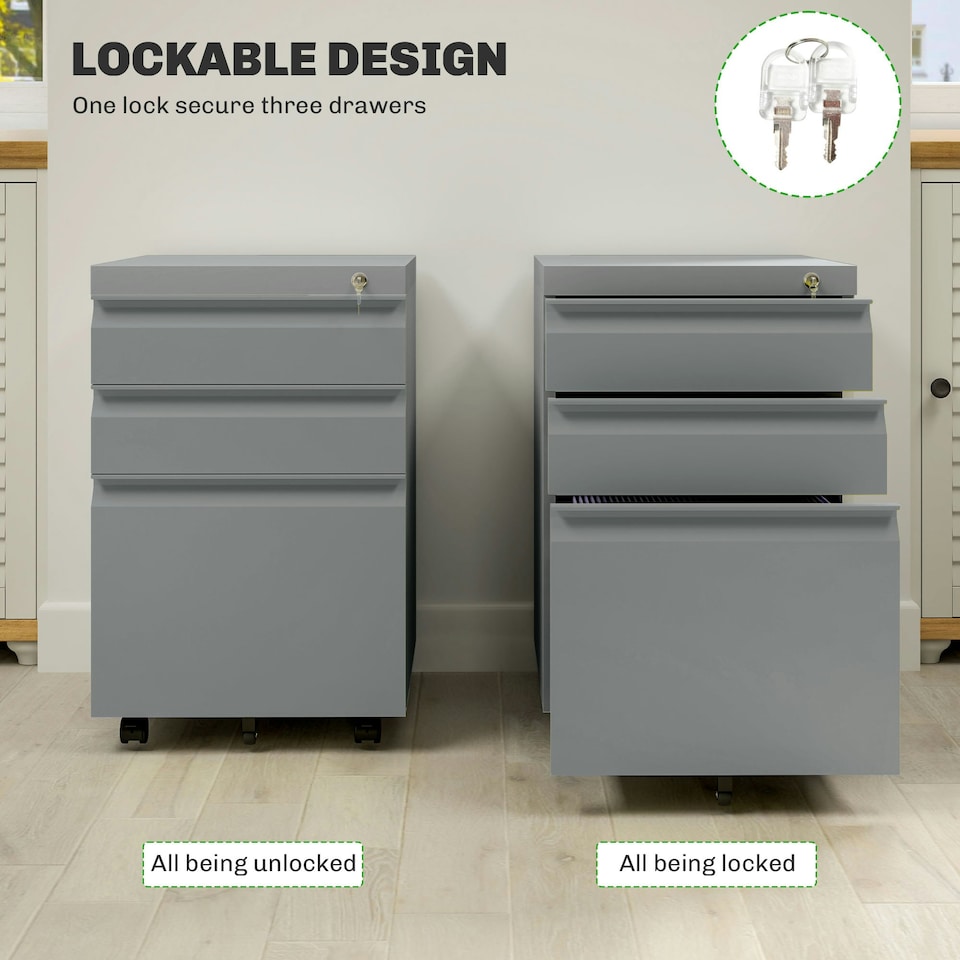 image 1 of Vinsetto 3 Drawer File Cabinet, Lockable Metal Filling Cabinet, Grey