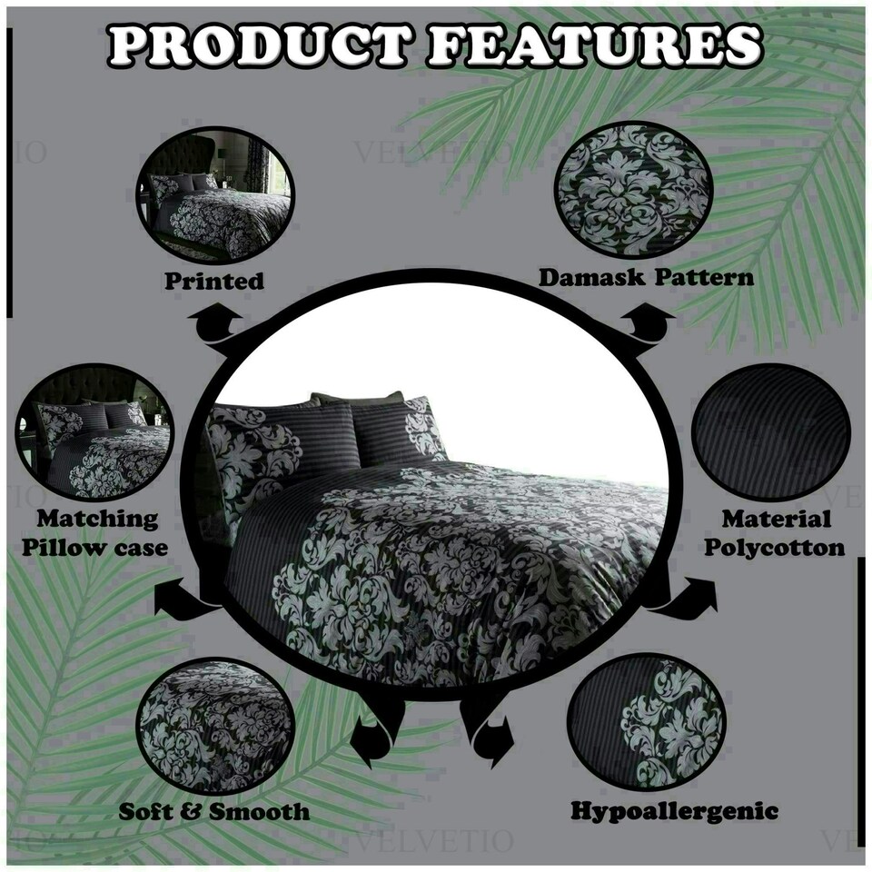 image 1 of VELVETIO Empire Damask Printed Duvet Cover Set Reversible Polycotton Beddings Cream | Super King