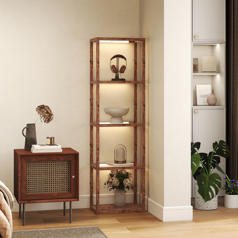 image 1 of HOMCOM LED Floor Lamp with Glass Shelves, 4 Layers Dimmable Tall Standing Lamp, Modern Column Shelf Floor Light for Living Room, Bedroom, Office, Rustic Brown