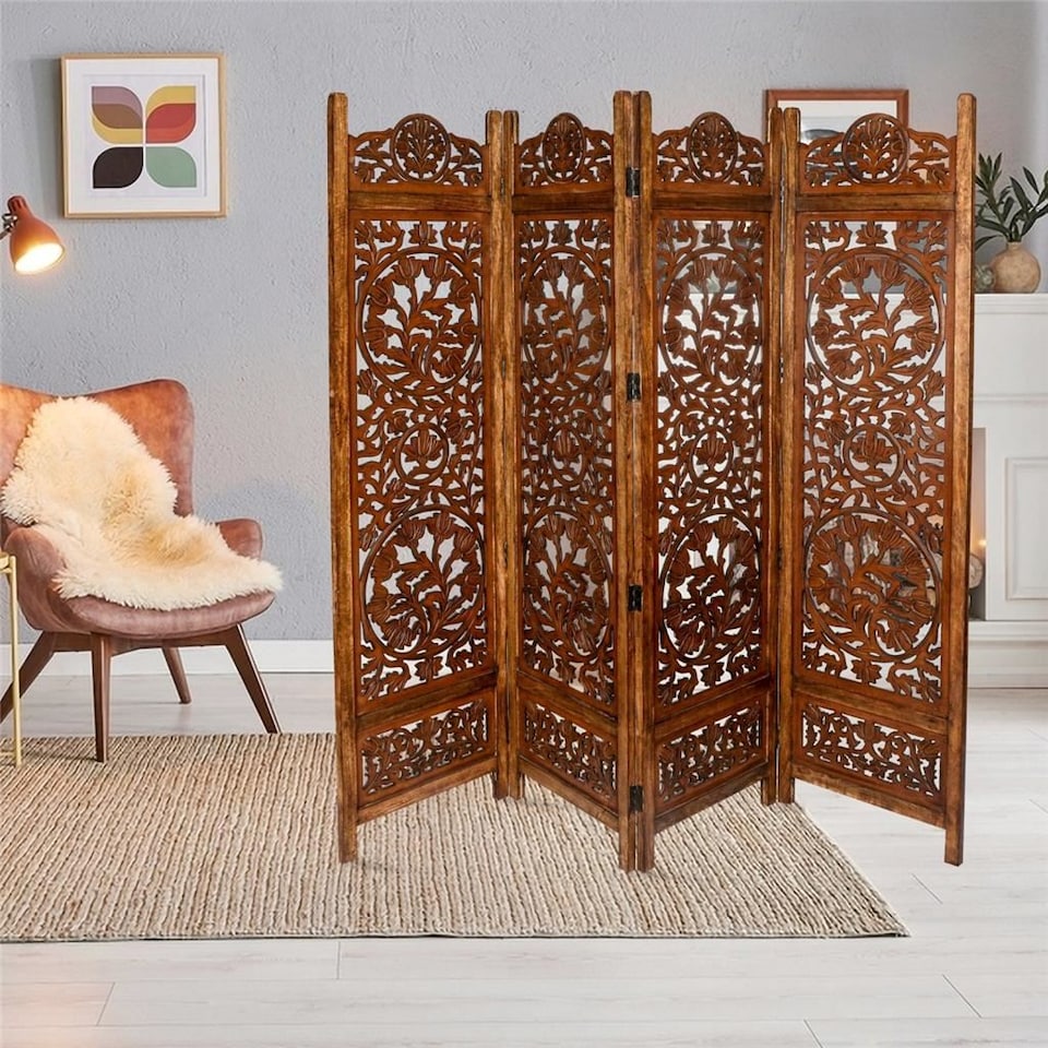 image 1 of 4 Panel Heavy Duty Carved  Screen Wooden Lotus Design Room Divider Light Brown 200 x 180 cm | Brown | Light Brown | 200 x 180 cm