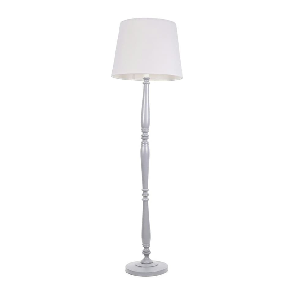 image 1 of ValueLights Victoria Grey Wood Traditional Stem Floor Lamp with White Fabric Tapered Shade and LED Bulb