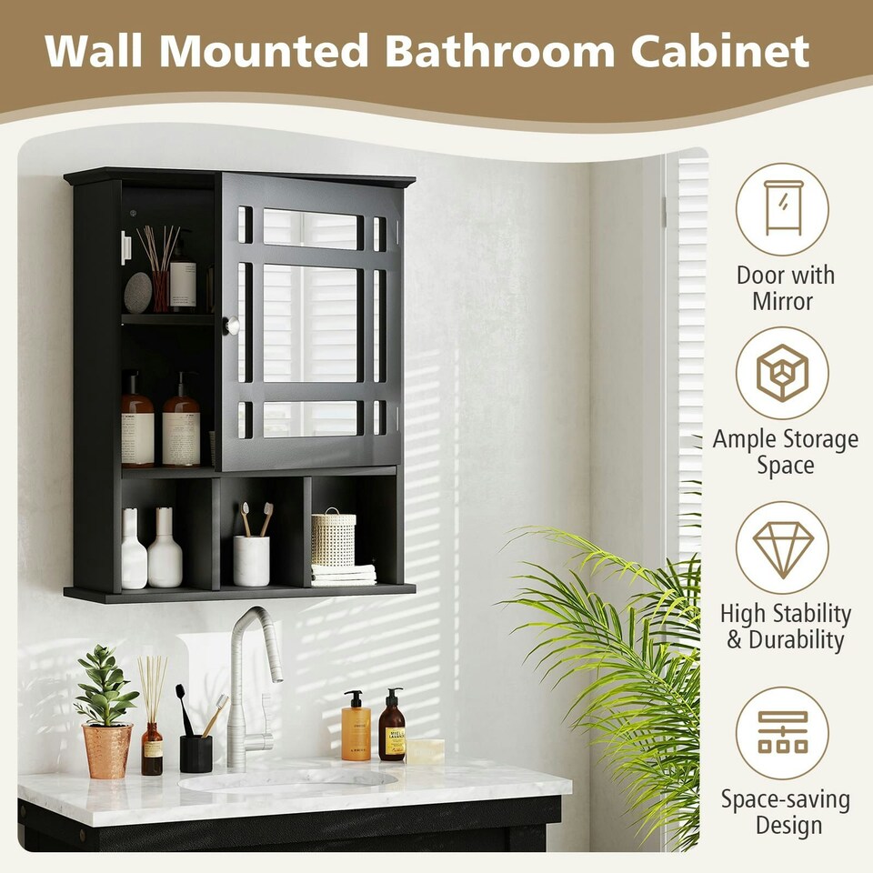 image 1 of COSTWAY Bathroom Wall Storage Cabinet Medicine Organizer Black Black