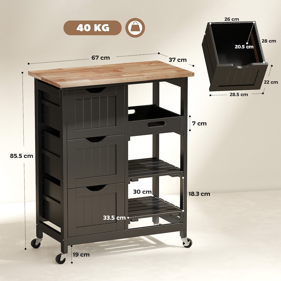 image 1 of HOMCOM Rolling Kitchen Island Cart, Bar Serving Cart, Compact Trolley Black