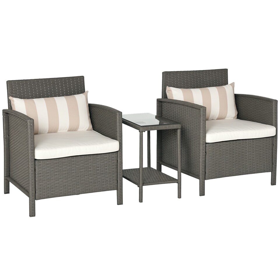 image 1 of Outsunny 3 Pieces Rattan Bistro Set, Wicker Garden Furniture Set, Glass Top 2 tier Coffee Table and Chairs Set with Pillows and Washable Cushions for Outdoor, Patio, Balcony, Light Grey