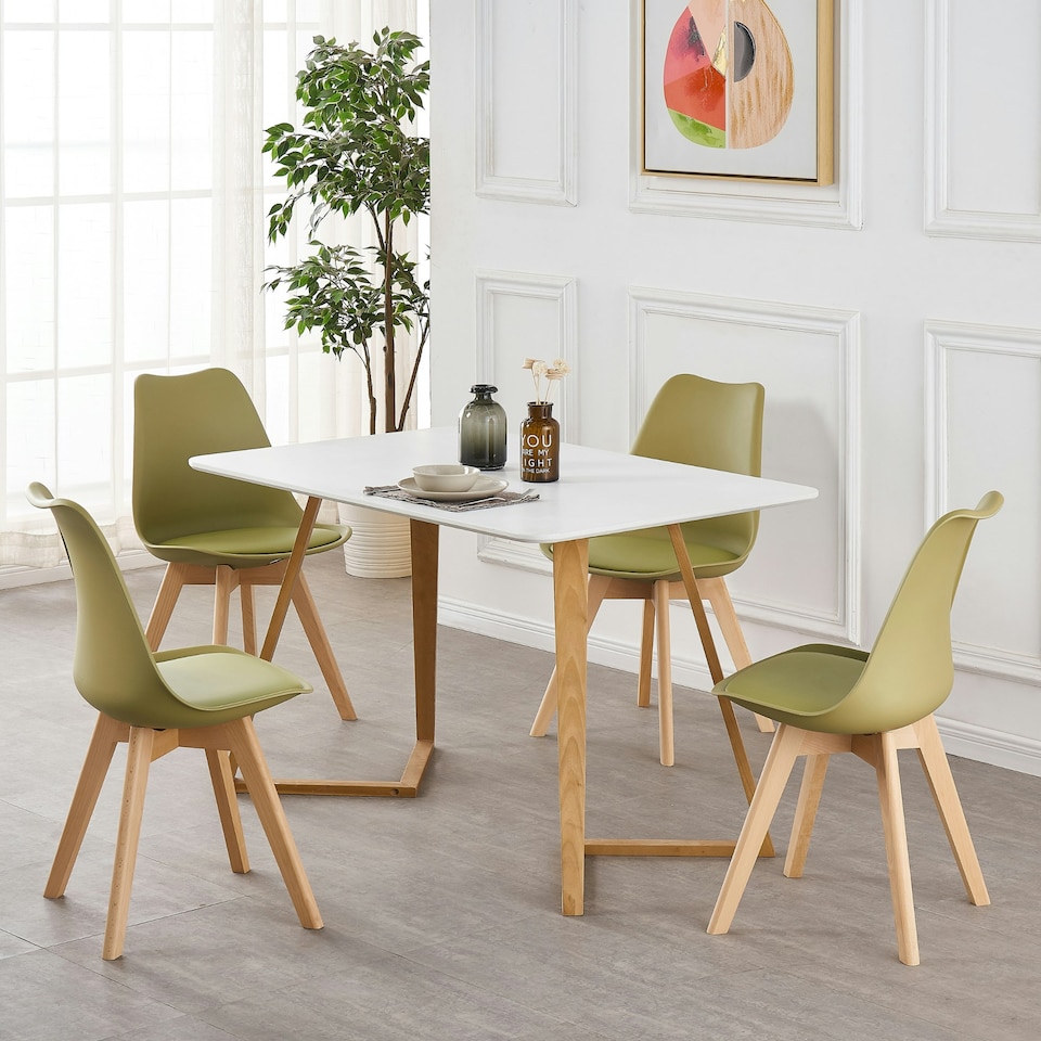 image 1 of Set of 4 Scandinavian Dining Chairs with Leather Cushions Solid Wood Legs | Green | Lime Green