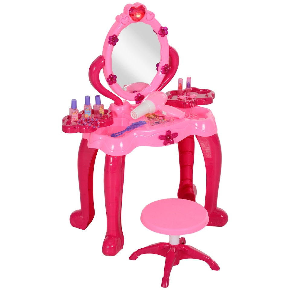 image 1 of AIYAPLAY Kids Dressing Table with Mirror and Stool, Kids Vanity Table Make Up Pretend Play Toys with Light, Music, 15 Accessories, for Ages 3-6 Years, Pink
