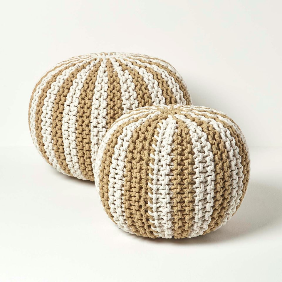 image 1 of Homescapes Off White and Linen Knitted Pouffe Striped Footstool - 35 x 40 cm