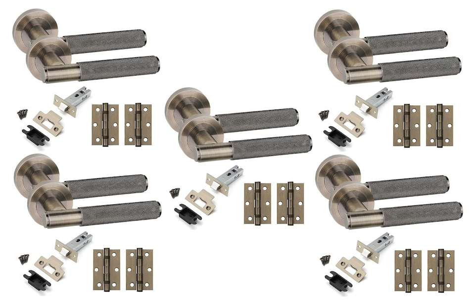 image 1 of Golden Grace 5 Sets Straight T-Bar Knurled Door Handles in Antique Brass Finish with Tubular Latch and 1 Pair of 3" Ball Bearing Hinges | Bronze | 5 Set