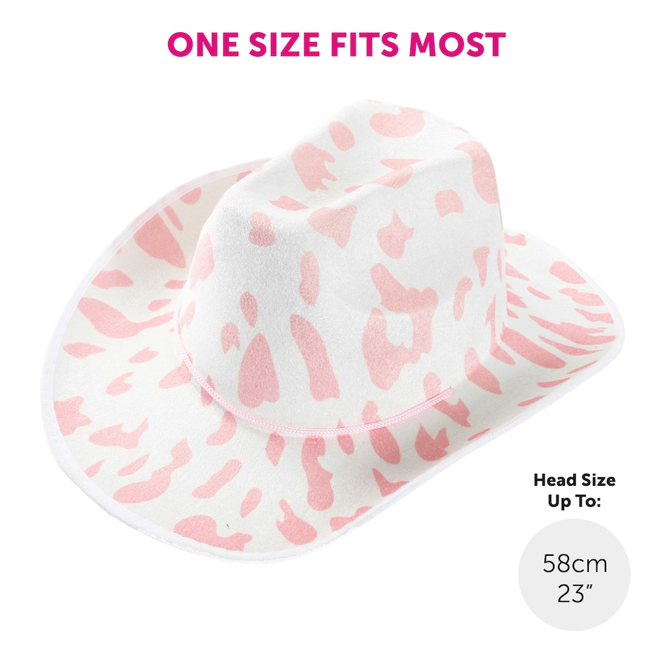 image 1 of Pink Cow Print Cowboy Hat – Fancy Dress Accessory White | One Size
