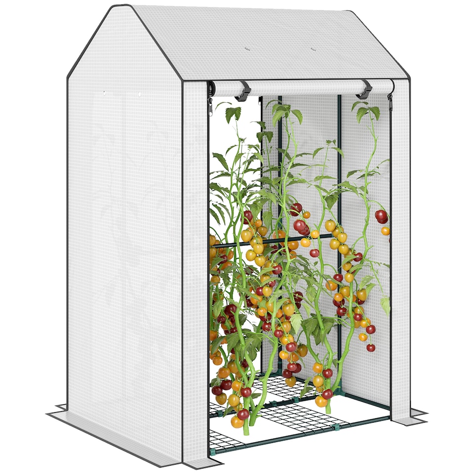 image 1 of Outsunny Mini Greenhouse with Shelves and Roll Up Door, 100x80x150cm, White