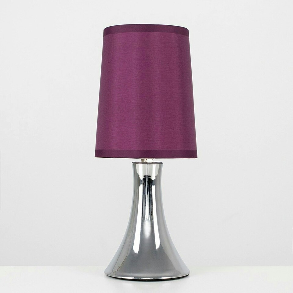 image 1 of ValueLights Pair of - Small Chrome Touch Table Lamps with Purple Fabric Shades With 5w LED Dimmable Candle Bulbs In Warm White