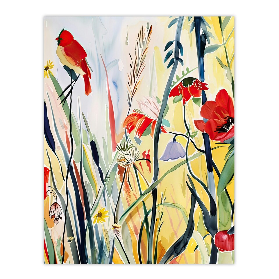 image 1 of Northern Cardinal Bird Watercolour Spring Black Framed Wall Art Print A4