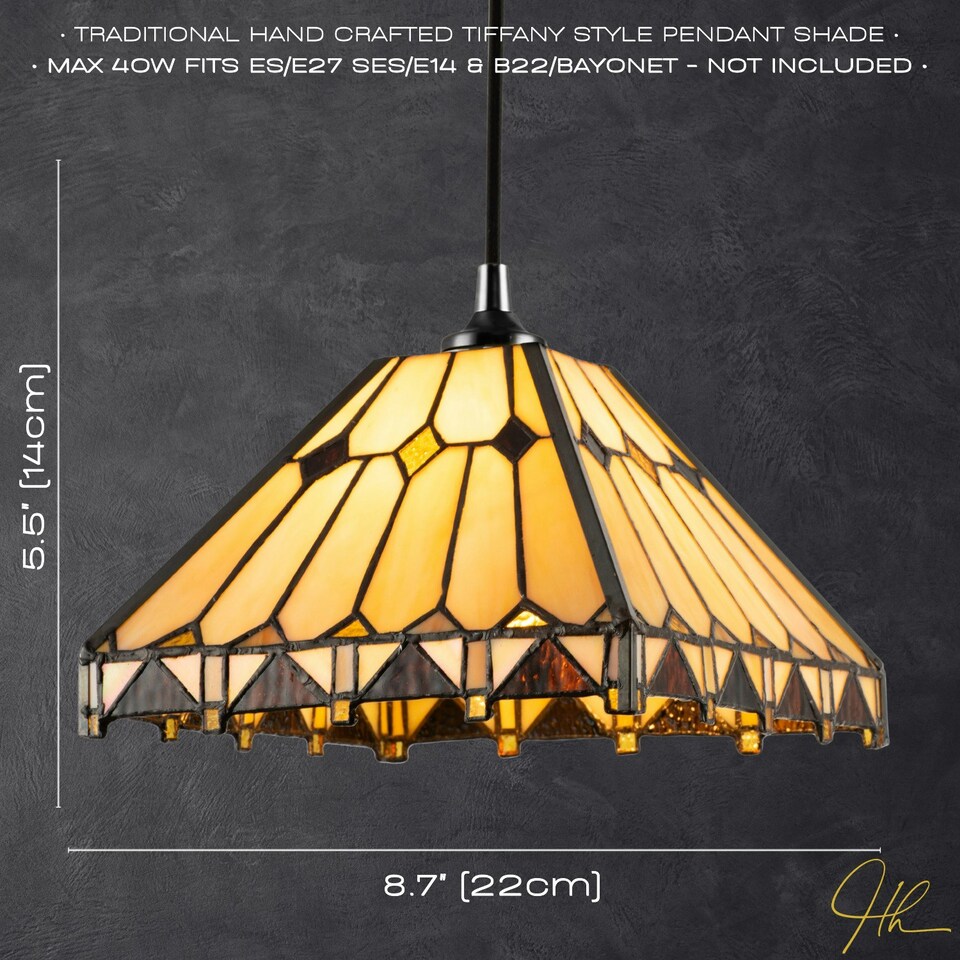 image 1 of Art Deco Style Amber Tiffany Pendant Shade with Gold Triangles and Diamonds