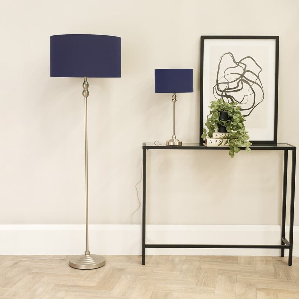 image 1 of ValueLights Maggie Chrome Candlestick Floor Lamp Navy Shade | Blue