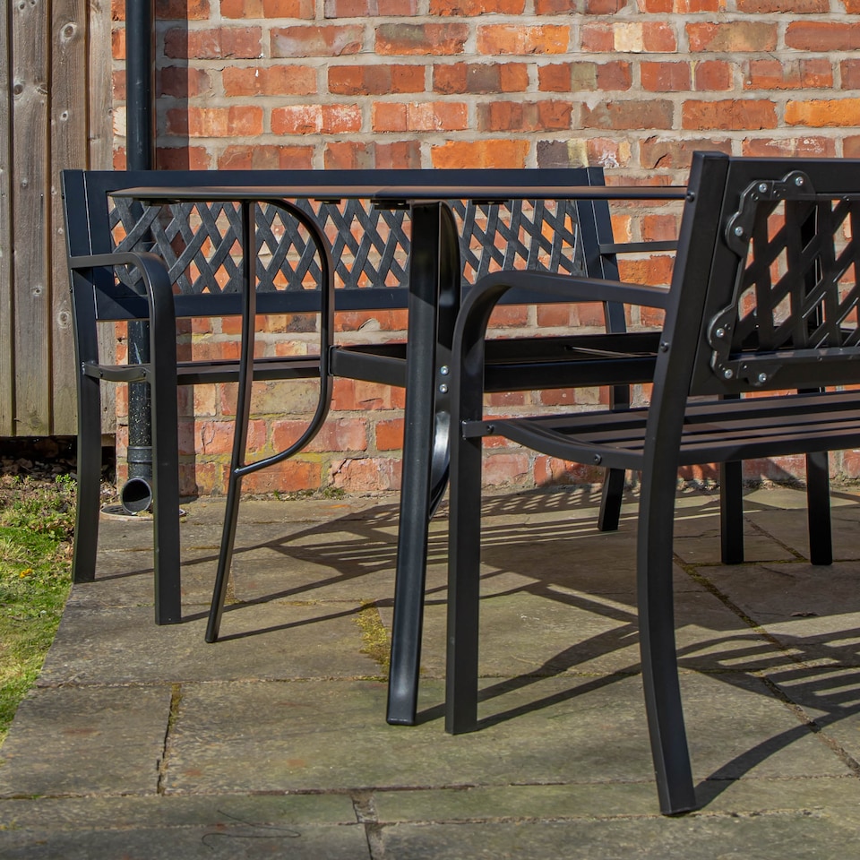 image 1 of Outdoor 4 Person Rectangular Glass Top Garden Dining Table and 2 Benches Set
