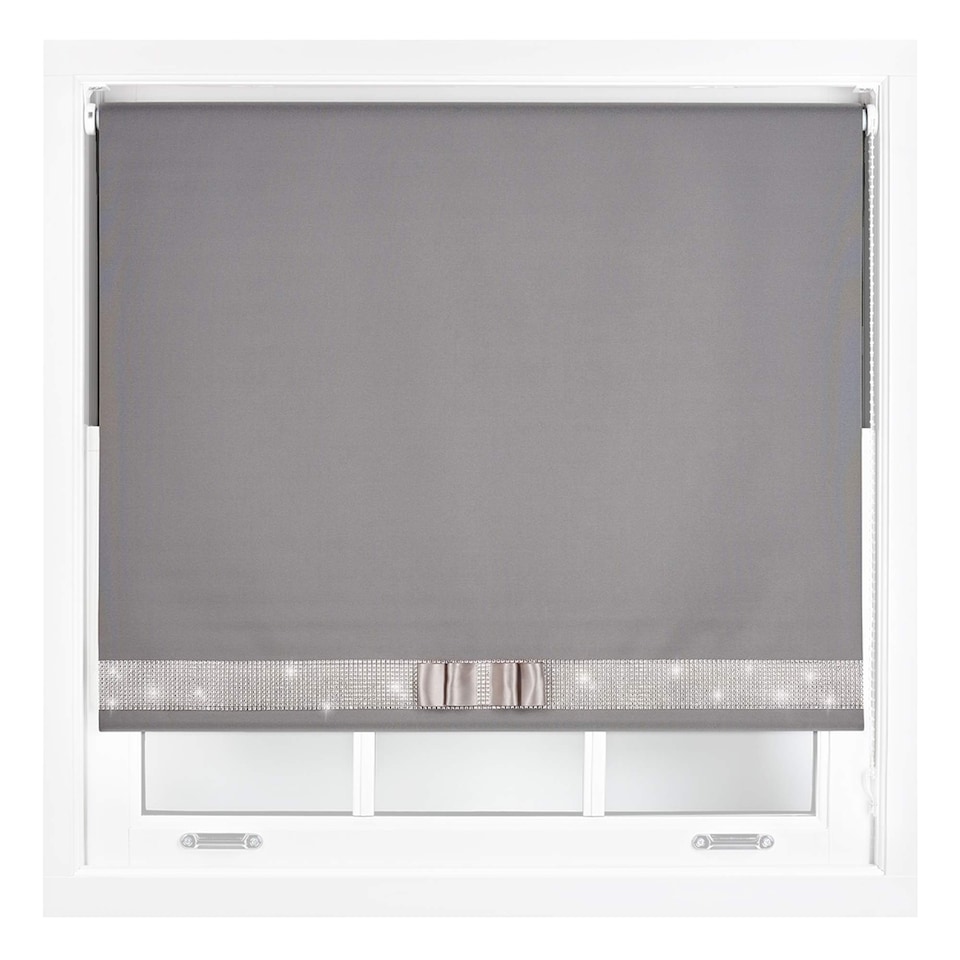 image 1 of FURNISHED Blackout Roller Blinds with Diamante Trim and Bow Cut to Size | Grey | Dark Grey | (W) 150cm x (L) 165cm