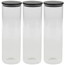 Clear Glass Cylinder Storage Jars With Black Lid Airtight Coffee Tea Sugar Spice | Clear | Clear | 3x 1320ml Jars