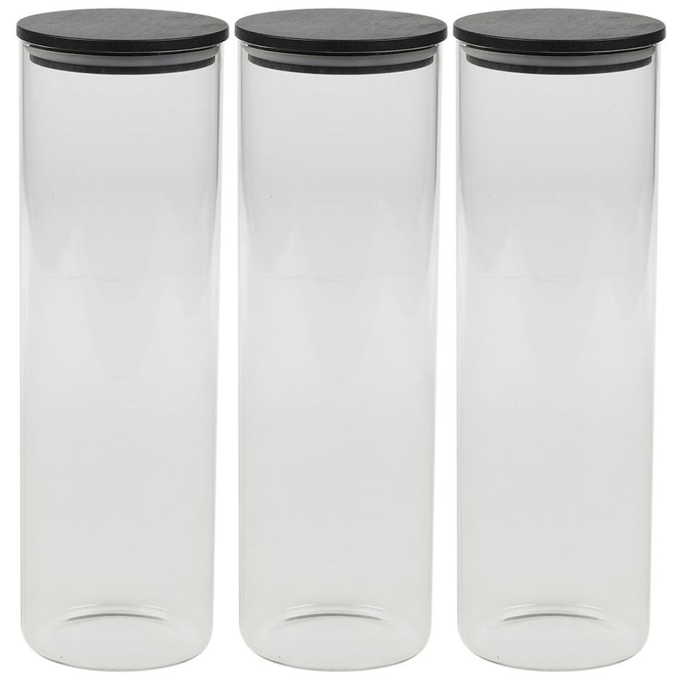 image 1 of Clear Glass Cylinder Storage Jars With Black Lid Airtight Coffee Tea Sugar Spice | Clear | Clear | 3x 1320ml Jars