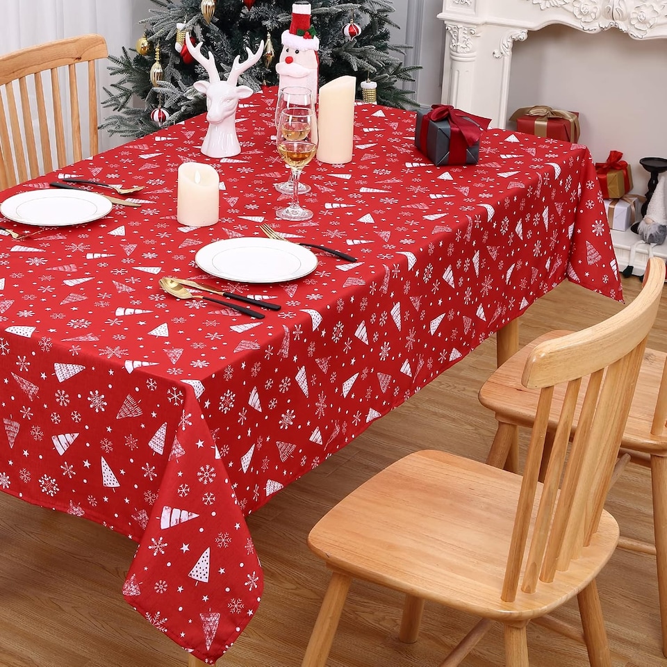 image 1 of London Boutique Christmas Tablecloth, Waterproof Wrinkle‑Free, Snowflake Tree and Reindeer Print, Red, 54 x 70 in