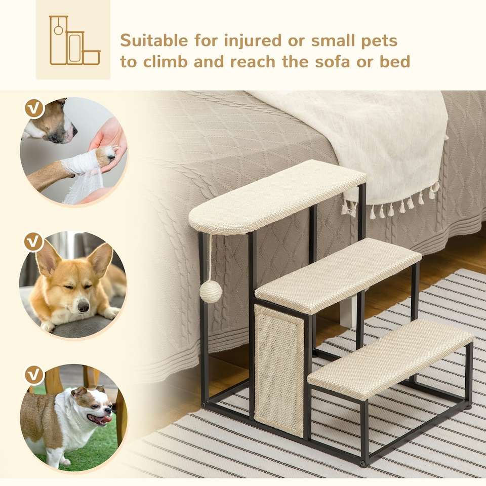 image 1 of PawHut Cat Stairs w/ Sisal Scratching Board, Hanging Ball, Steel Frame - Cream