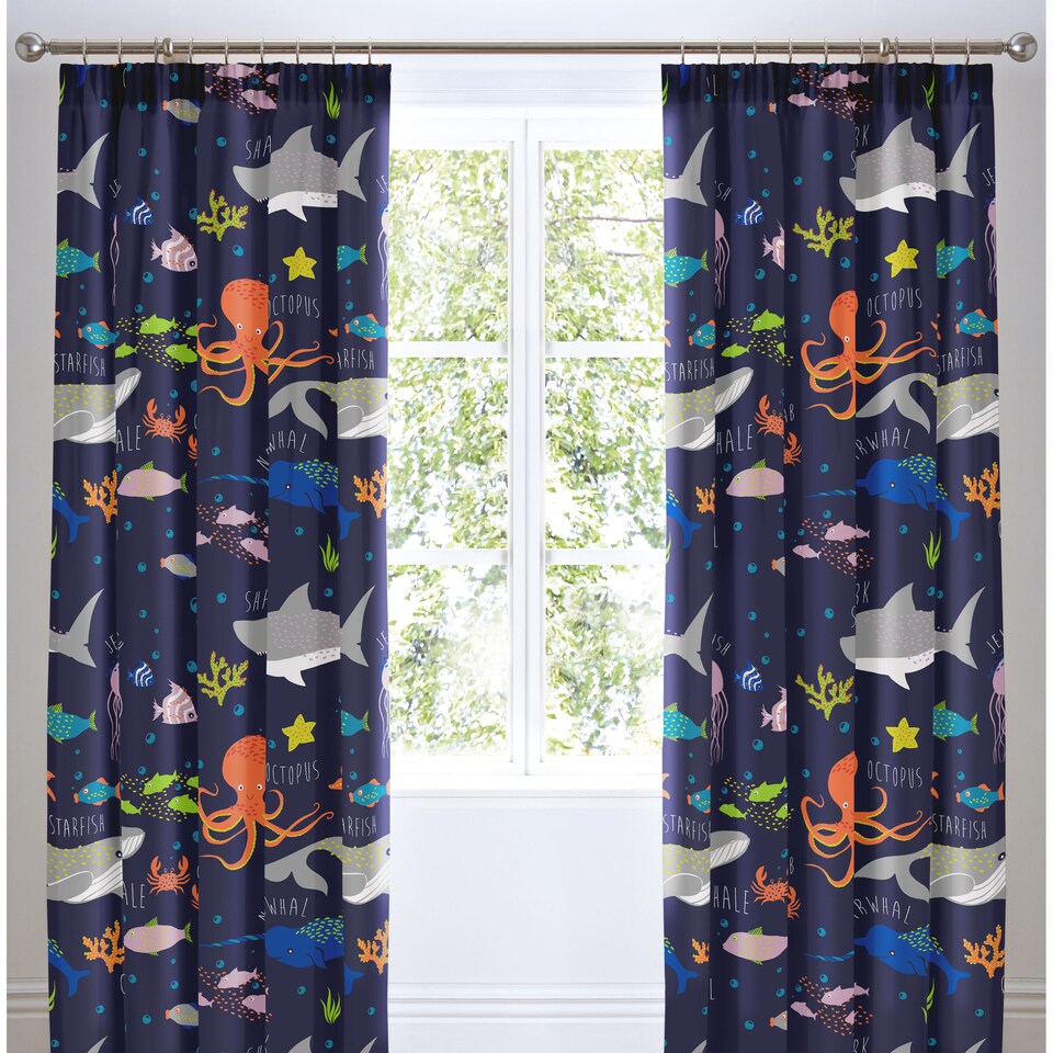image 1 of Bedlam Sea Life Pencil Pleat Curtains Multi