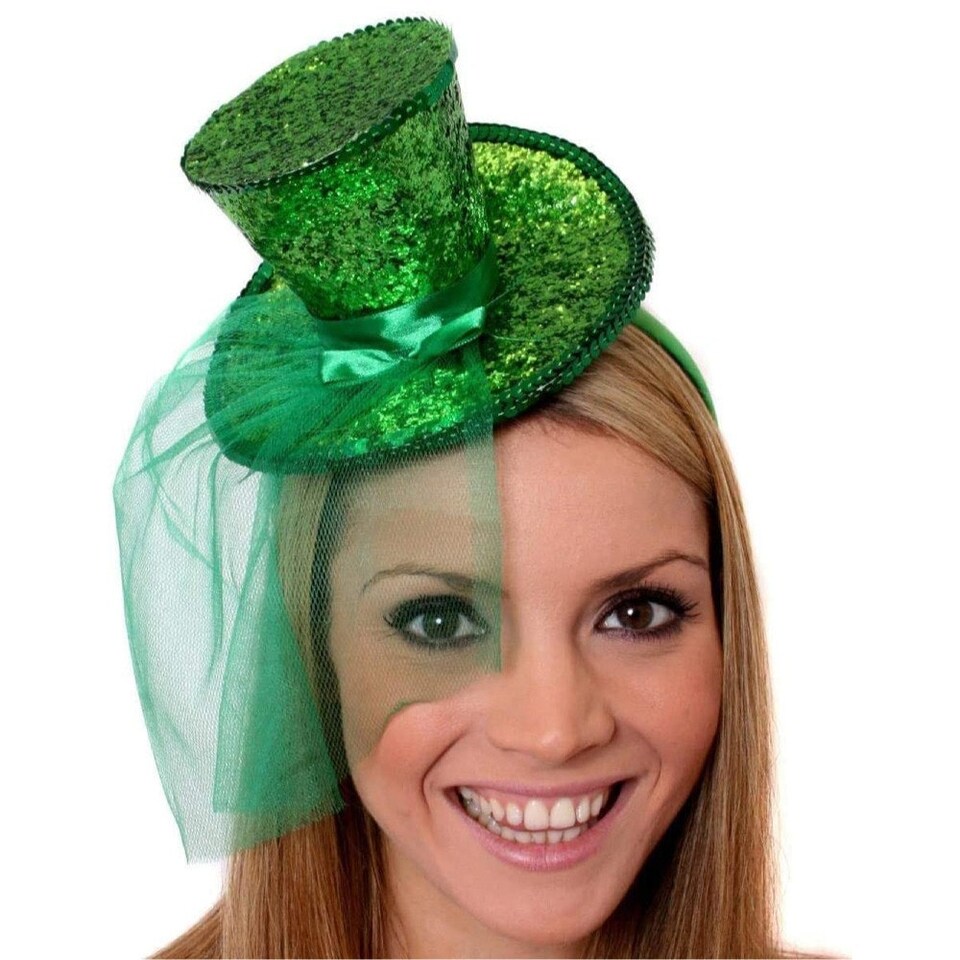 image 1 of Pack of 1 Mini Green Glitter Fascinator Top Hat Green | One Size
