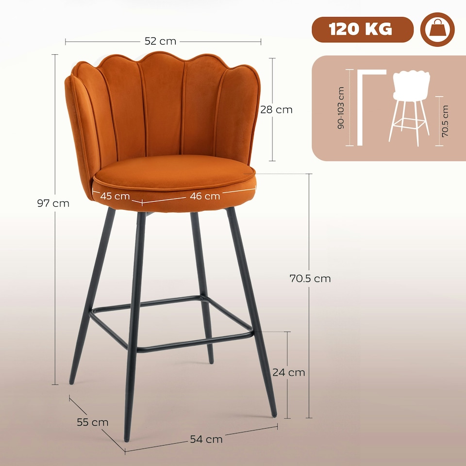 image 1 of HOMCOM Set of 2 Barstools with Petal Backrest for Kitchen Island Orange | Orange | 54W x 55D x 97H cm | 2