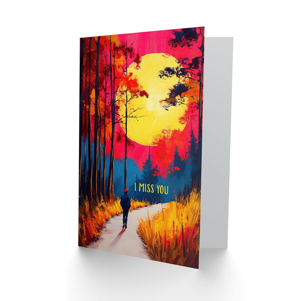image 1 of Miss You Card Autumn Forest Path Walk Vibrant Sunset Sky