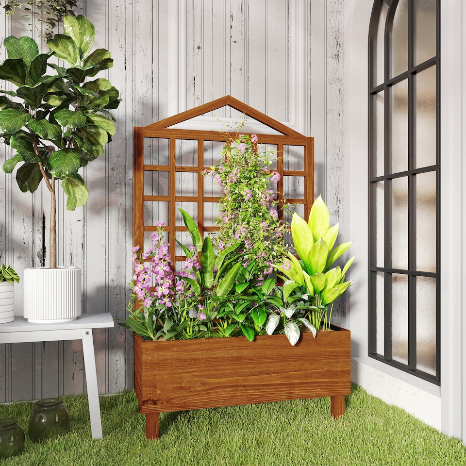 image 1 of Outsunny Wooden Garden Planters with Trellis for Vine Climbing Plants Brown | Brown | Brown