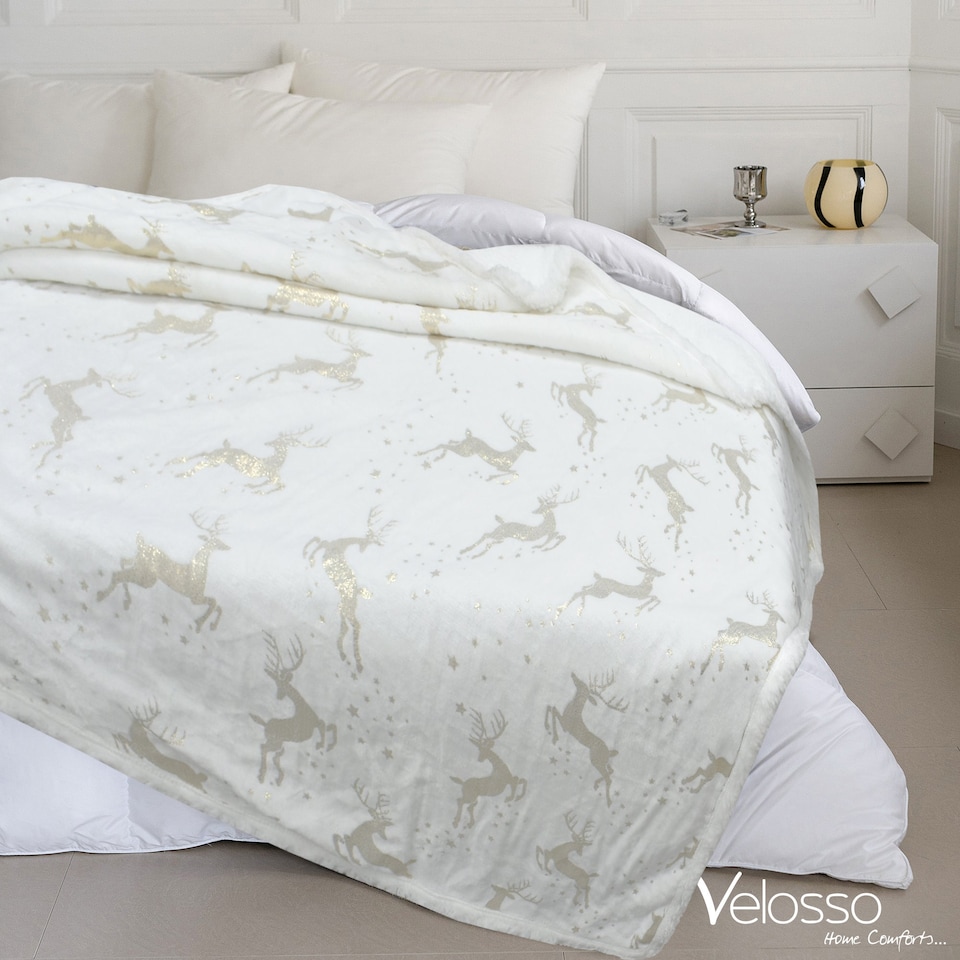 image 1 of Velosso Reindeer Foil Printed Sherpa Reverse Throw Blanket