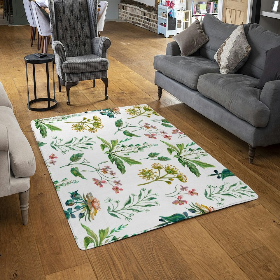 image 1 of Watercolour Leaves & Flowers (Rug) Green | Medium: 80x150cm