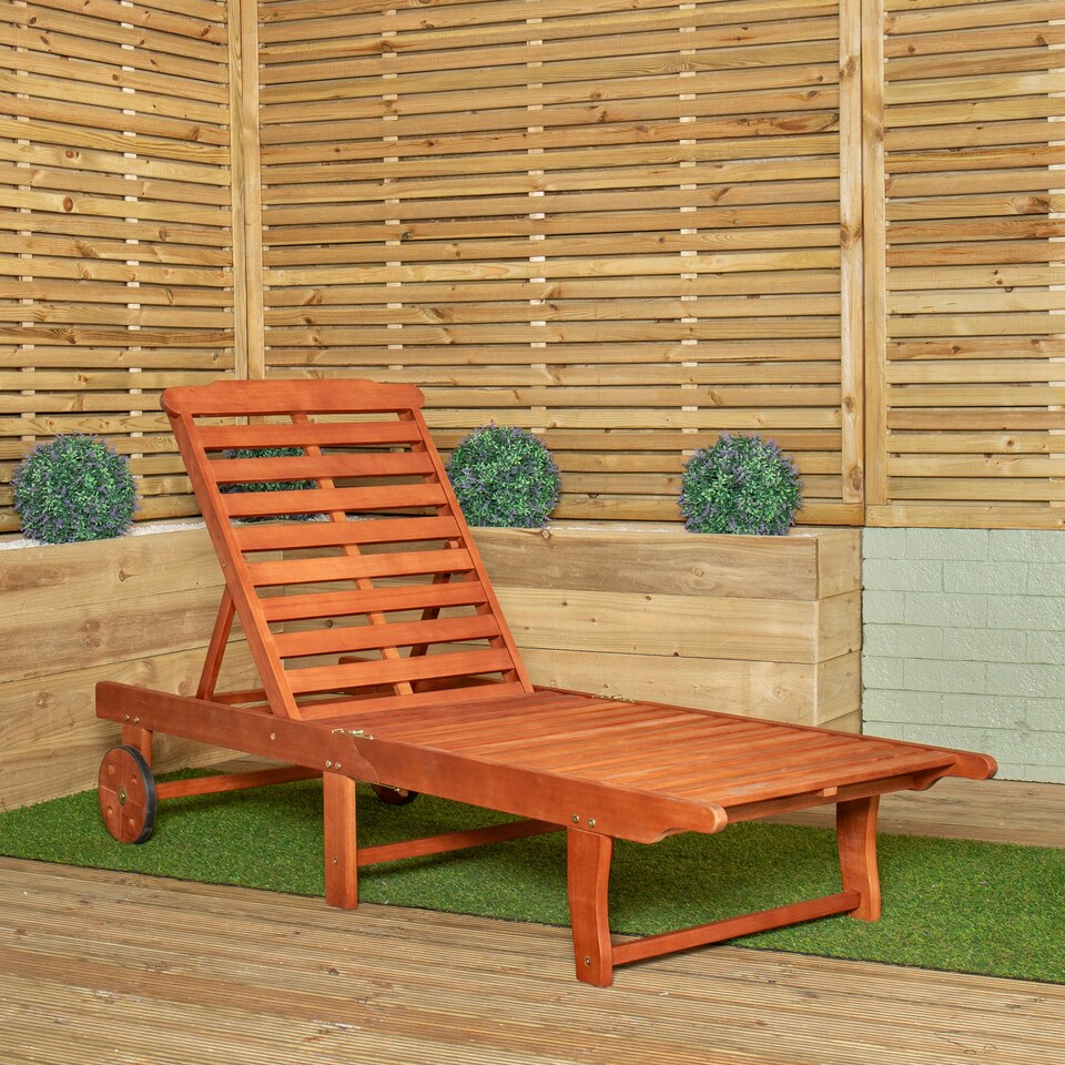 image 1 of 1.9m x 0.6m Outdoor Wooden Adjustable Foldable Sunlounger with Wheels Brown