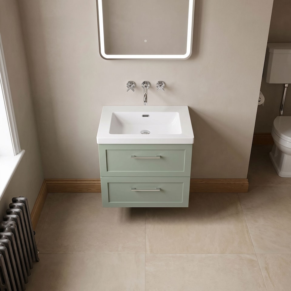 image 1 of Balterley Stonnall Traditional Wall Hung 2 Drawers Vanity Unit with 0 Tap Hole Fireclay Basin, 600mm, Reed Green