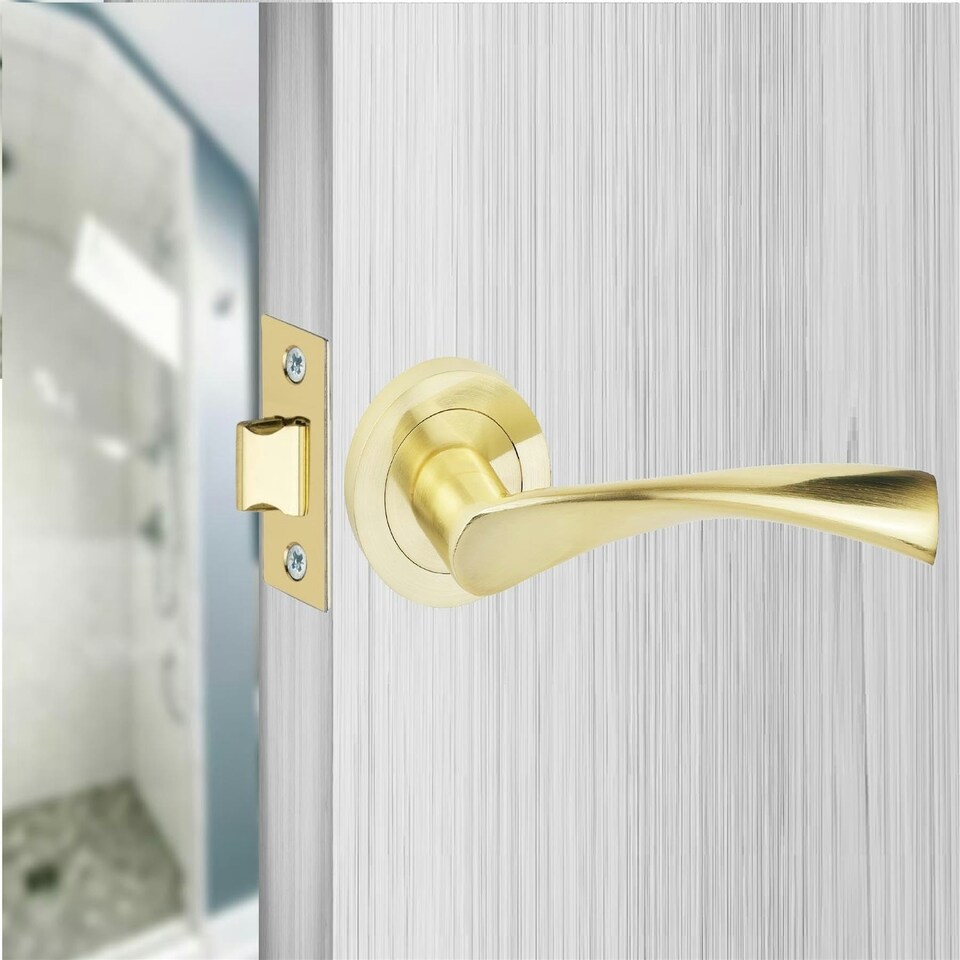image 1 of Golden Grace 5 Sets Astrid Design Door Handles in Satin Brass Finish with Tubular Latch and 1 Pair of 3" Ball Bearing Hinges | Gold | 5 Set