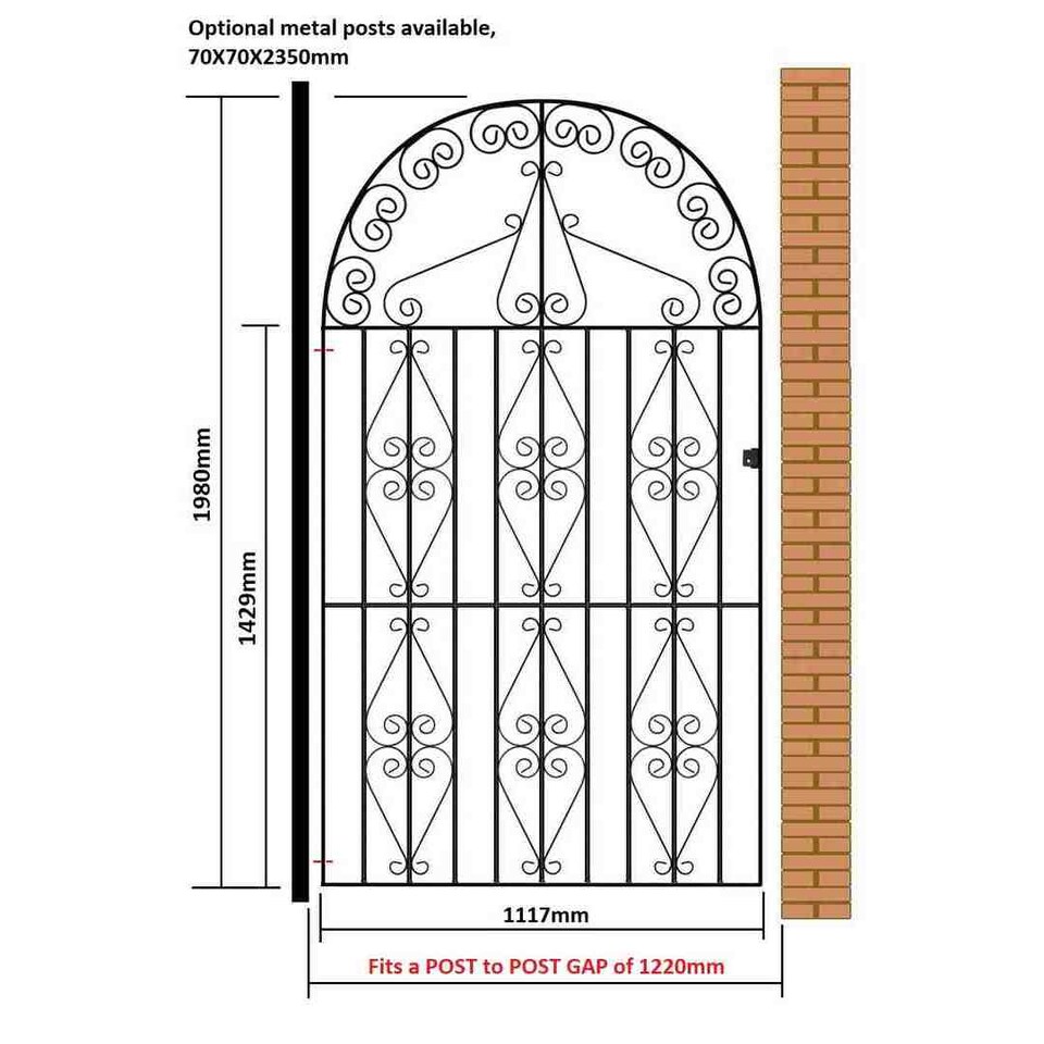 image 1 of Stirling Scroll Tall Bow Top Single Gate - Solid Steel - Fits Gap of 1220 mm x 1980 mm High - Electro Galv./Black Powder Coated | Black | 1