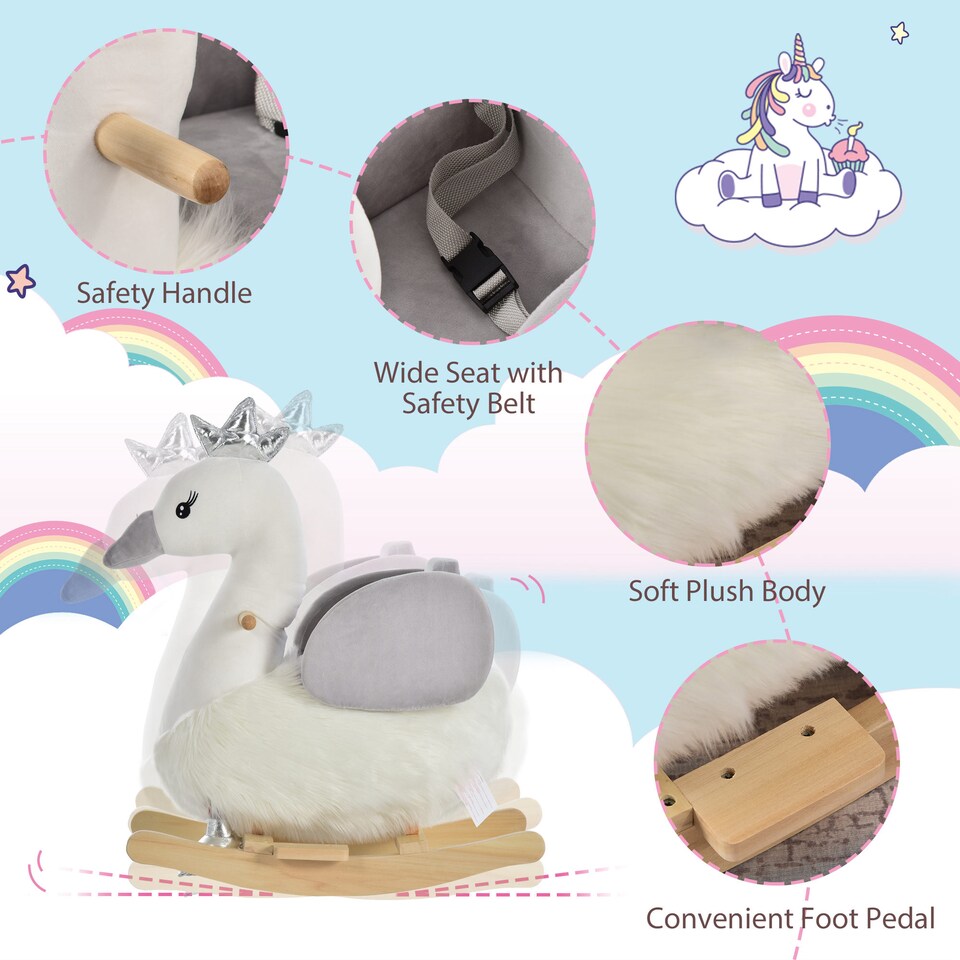 image 1 of HOMCOM Cute Kids Ride-On Rocking Swan with Sound Seat Belt Plush Body