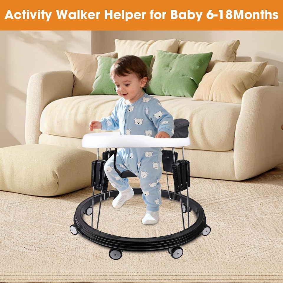 image 1 of Alivio Foldable Baby Walker with 9-Height Adjustment & 360° Safety (Black & White)