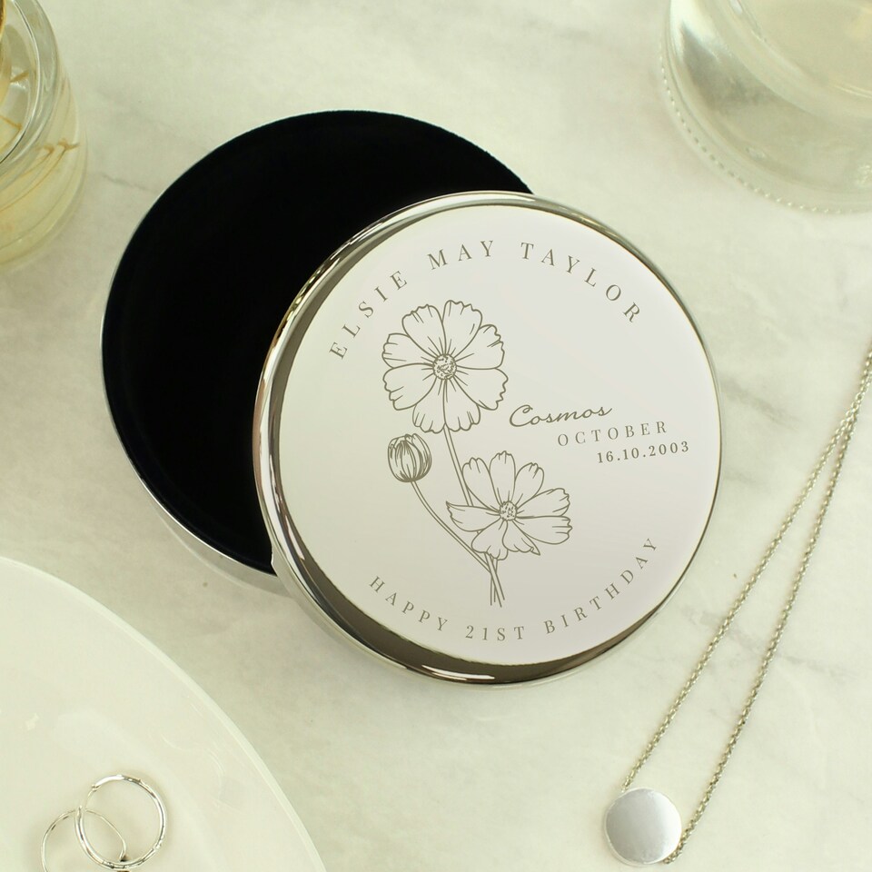 image 1 of Personalised October Birth Flower Round Trinket Box